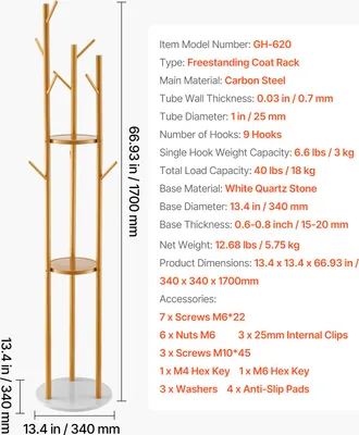 Zdjęcie produktu dla Solidny Wieszak Na Ubrania Vevor 340X340X1700 Mm Z Podstawą Z Kwarcu