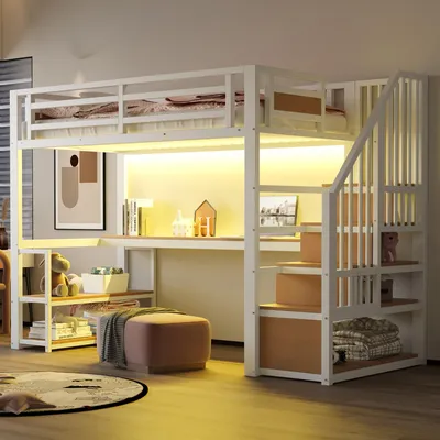 Image de Lit mezzanine 90x200 cm avec éclairage LED, prise, échelle de rangement, étagères et bureau, garde-corps de sécurité, lit en métal avec espace de rangement, blanc