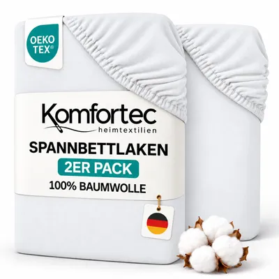 Produktbild von Komfortec 2er Pack Jersey Spannbettlaken 140x200 cm, 100% Baumwolle, Doppelpack Spannbettuch, Weiss