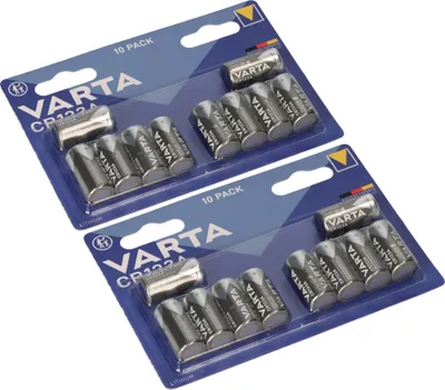 Two blister packs of Varta CR123A lithium batteries are shown against a white background.