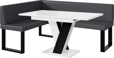 Produktbild von MEBLINI Eckbank für Esszimmer mit ausziehbarem Tisch  - Küchenbank - Essecke - Sitzecke Küche - TONI - U-Beine 128x168x87cm Links - Grau Kunstleder/M Weiß-Schwarz Hochgl.