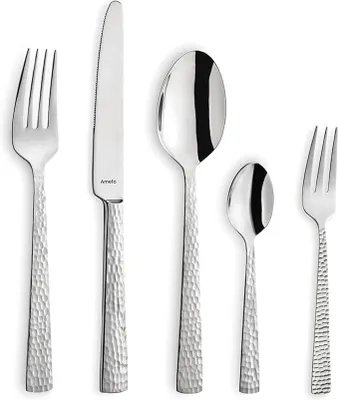 Image de Ensemble de couverts FELICITY, 30 pièces, en acier inoxydable. Ensemble de couverts de haute qualité pour 6 personnes, avec un design martelé. Couverts en acier inoxydable avec un motif "martelé"