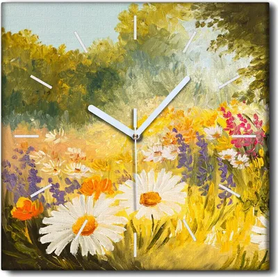 Produktbild von Coloray Uhr auf Leinwand 30x30 cm Wand Uhr Dekoration Wohnzimmer Segeltuch weiße Zeiger -Gänseblümchenwiese Natur.