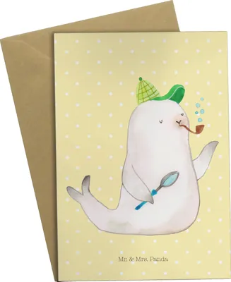 Produktbild von Mr. & Mrs. Panda babykarte Robbe Sherlock - Gelb Pastell - Geschenk, Klappkarte, Grußkarte, osterkarten, Lustige Sprüche, hochzeitskarten, einladungskarten