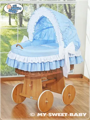 Immagine prodotto di Cestino per bebè con cappuccio - Bellamy natural + biancheria da letto blu e bianca