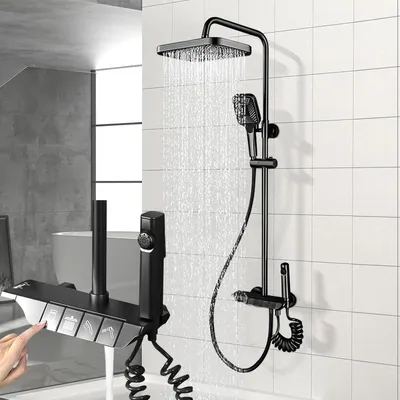 Produktbild von Duschsystem Schwarz, Duschset inkl. 30x19cm Eckige Kopfbrause 86-120 cm Verstellbare Duschstange, Duscharmatur Komplettset mit Regendusche mit Armatur