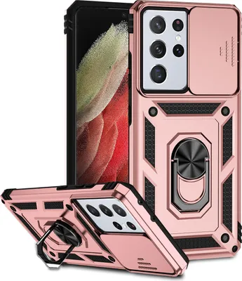 Produktbild von Galaxy S21 Ultra 5G Hülle mit Schiebe Kamera Schutz und Ringhalter Ständer Robust Rüstung Schutzhülle für Samsung Galaxy S21 Ultra 5G Rosa