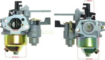Two views of a carburetor with measurement indicators.