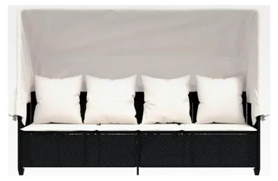 Produktbild von Loungebett für den Außenbereich mit Liegefunktion, 3-Sitzer Balkonsofa mit Dach, Gartensofa aus Polyrattan, Gartenliege, Relaxliege, Sonnenliege mit Dach in Schwarz