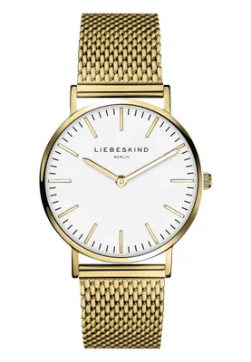 Produktbild von Liebeskind Berlin Damenuhr in Gold Farbe Quarz Uhrwerk Armbanduhr aus Edelstahll in eleganten und schlichtem Design.