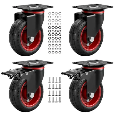 Produktbild von 4er/100mm Vollgummi-Schwerlastrollen, [2 Bremsrollen + 2 Lenkrollen] Tragkraft 600kg Werkstatt Rollen Möbelrolle für Innen Außen Geräuscharm Langlebig