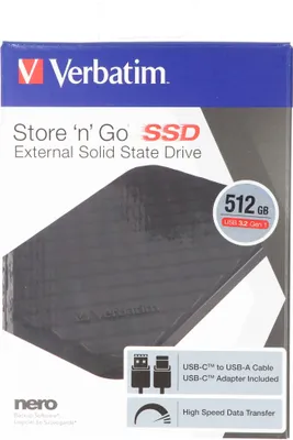 Produktbild von Verbatim Store 'n' Go Portable SSD USB 3.2 GEN 1 512 GB, 512 GB, USB Typ-C, 3.2 Gen 1 (3.1 Gen 1), Schwarz