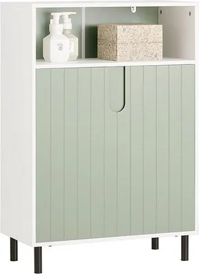 Image de Commode de salle de bain moderne Rootz avec 2 portes - Buffet - Meuble d'entrée - Étagère réglable - Grand espace de rangement - Pieds en métal résistants à l'humidité - Blanc-vert - 60 cm x 87 cm x 30 cm