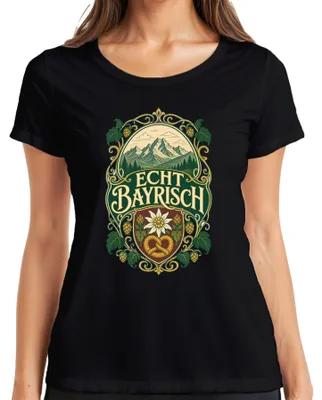 Imagen del producto de Camiseta para mujer, diseño de los Alpes bávaros, con motivos de edelweiss, pretzel, lúpulo, lederhosen y dirndl. Color: . Talla: L