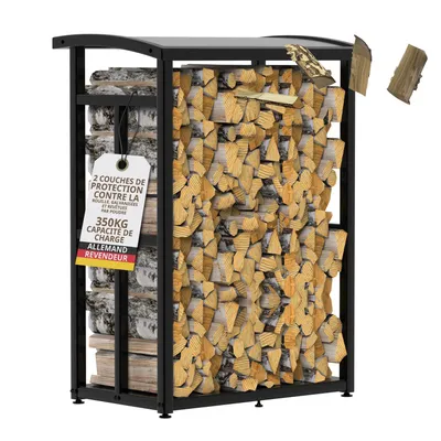 Image de Range-bûches extérieur avec toit 91 × 56 × 117 cm Abri bois de chauffage en métal galvanisé noir porte-bûches compact pour jardin, balcon et terrasse