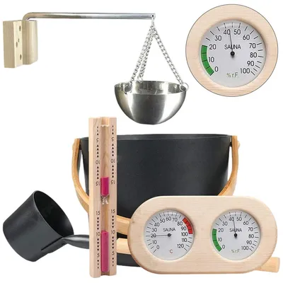 Produktbild von Saunakübel Set, 5L Aluminium Sauna Eimer mit Sanduhr, Saunaschale, Saunakelle,Thermo & Hygrometer, Sauna Zubehör Set für Badezimmer und Hotelbadewanne