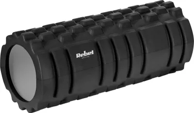 A black foam roller with a textured surface and gray end caps, shown on a white background.