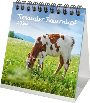 Produktbild von Tierkinder Bauernhof Tischkalender 10cm x 10cm für 2026 Tiere auf dem Bauernhof - Inhalt: 1x Kalender 1x Weihnachtsanhänger 1x Grußanhänger (gesamt 3 Teile)