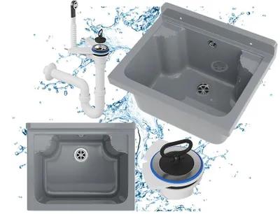 Produktbild von Granitan - Waschbecken - Spülbecken 42,4x34,3 cm - Spüle Grau - mit Siphon - LOMA
