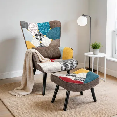 Produktbild von Patchwork Ohrensessel mit Hocker Massivholzbeine Lendenstützkissen, Leinenstoff und ergonomisches Design, für Wohnzimmer und Schlafzimmer
