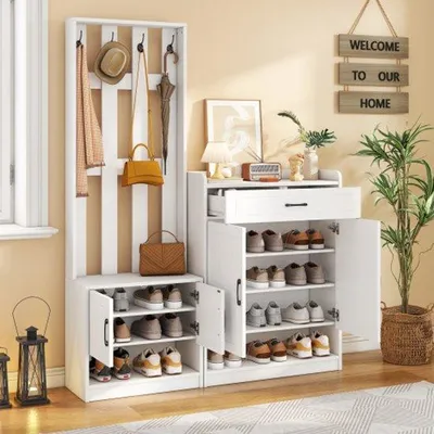 Zdjęcie produktu dla Biała szafa garderobiana 140,6 x 32 x 180 cm, panel garderobowy + schowek na buty, matowa, meble do przedpokoju, wieszak na ubrania do przedpokoju, szafka garderobiana, zestaw do czyszczenia butów