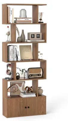 Produktbild von COSTWAY Bücherregal mit Türen & 5 Ebenen Regal Raumteiler 183x70x23cm, Bücherregal im geometrischen Design, Standregal, Aufbewahrungsregal (Natur)
