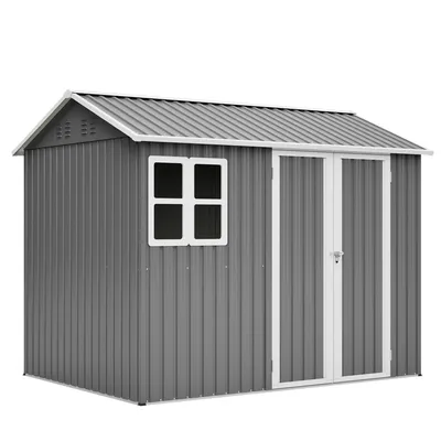 Produktbild von GIHAUVIA Gerätehaus Metall mit Fundament mit Fenster Satteldach 251.7 x 180.5 x 201 cm Gartenhaus Geräte Schuppen Schuppen Grau