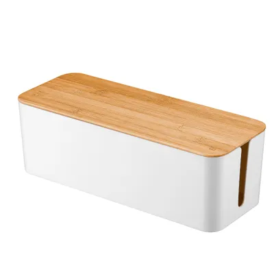 A white cable management box with a bamboo lid, shown against a white background.