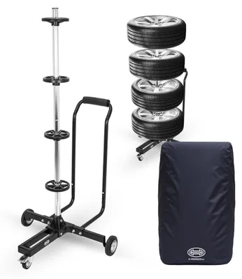 Produktbild von HEYNER® Felgenbaum Fahrbar - Bis zu 285 mm Reifenbreite + bis 100 kg Belastbar + Mit Griff + Bremse + inkl. Schutzcover I Reifenbaum Reifenständer