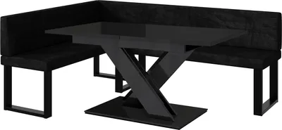 Produktbild von MEBLINI Eckbank für Esszimmer mit ausziehbarem Tisch  - Küchenbank - Essecke - Sitzecke Küche - TONI - U-Beine 142x196x87cm Links - Schwarz Samt/B Schwarz Hochgl.