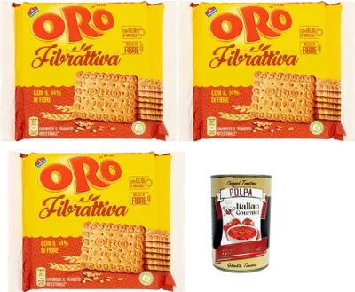 Produktbild von Oro Saiwa Fibrattiva, Frühstückskekse, Kekse mit Vollkornmehl, Biscuits mit 14% Ballaststoffen, 3x 400g + Italian Gourmet polpa 400g