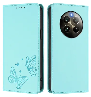 Produktbild von Lederhülle für Realme 13 4G, Schmetterling Prägung Leder Brieftasche Schutzhülle mit Ständer Türkis