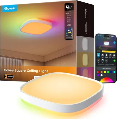 A Govee Square Ceiling Light is shown in front of its packaging, with a smartphone displaying the Govee Home app.