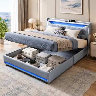 Immagine prodotto di Letto imbottito INONEFT 160x200 cm con LED USB, letto matrimoniale con testiera, letto per ragazzi, letto box con sistema di sollevamento idraulico, letto contenitore con rete a doghe, tessuto in lino, colore grigio