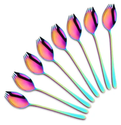 Immagine prodotto di Omgoods - Set di 8 utensili multifunzione in acciaio inossidabile, con coltello, cucchiaio e forchetta, ideali per il campeggio