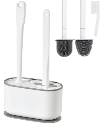 Image de Ensemble de brosses WC 3 en 1 - En silicone, de couleur blanche, avec support