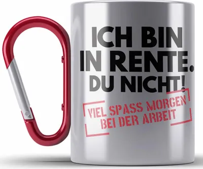 Produktbild von Trendation - Rente Edelstahl Tasse Karabiner Spruch Ich Bin In Rente Du Nicht Ruhestand  Rentner Geschenk Rentnerin Karabiner Edelstahl Tasse Karabiner Edelstahl Renteneintritt (Rot)
