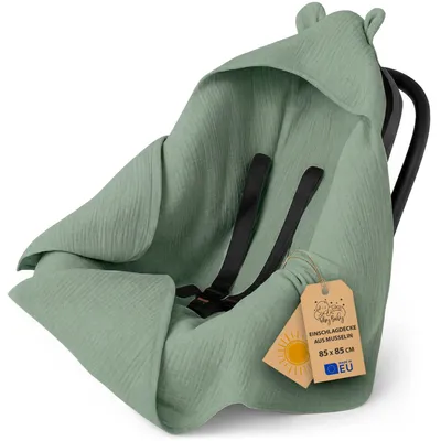 Produktbild von Musselin Einschlagdecke Babyschale Sommer – atmungsaktive Babydecke – Musselin Decke Kinderwagen Autositz für Neugeborene 3- & 5-Punkt-Gurt 85x85 cm Salbeifarbe – Größe Sommerdecke