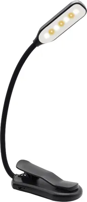 A black clip-on book light with three LED lights.