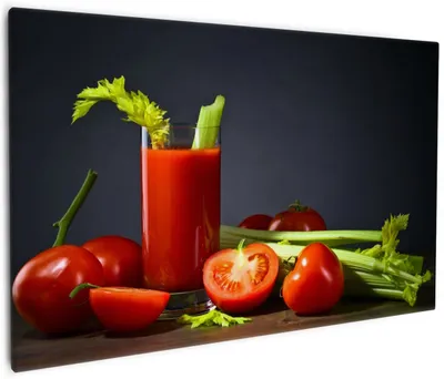 Produktbild von Wallario Premium Leinwandbild Frischer Tomatensaft mit Sellerie in Größe 60 x 90 cm