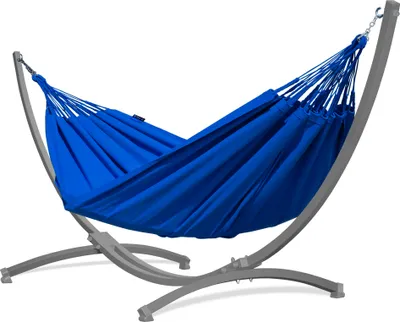 Produktbild von Potenza Outdoor Merida Hängematte mit Gestell für 2 Personen I Baumwolle Doppelhängematte XXL 220x160, 220kg I Grau Hängemattengestell 220kg, wetterfest
