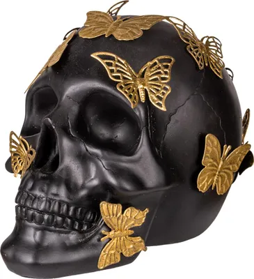 Produktbild von Schwarzer Totenschädel mit goldenen Schmetterlingen als Tischdeko 19 cm
