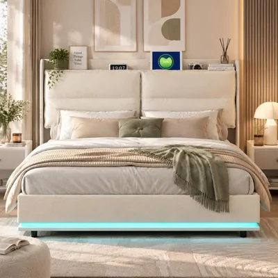 Immagine prodotto di Letto imbottito INONEFT, 140x200 cm, con illuminazione LED, letto per ragazzi con testiera contenitore e ricarica wireless, letto con sistema di sollevamento idraulico, rivestito in velluto color beige, Immagine generata dall'IA