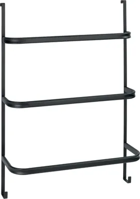 A black metal towel rack with three bars, designed to hang over a door.