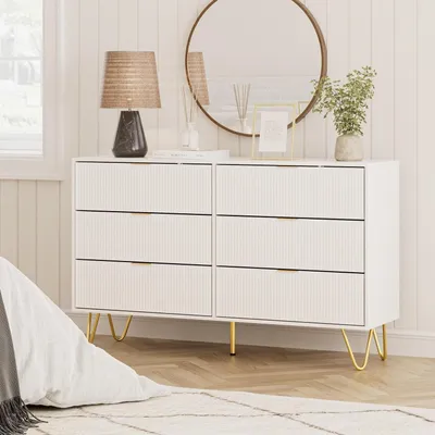 Immagine prodotto di Comodino bianco con 6 cassetti, dimensioni 120x34x73 cm. Ideale per camera da letto, soggiorno o ingresso