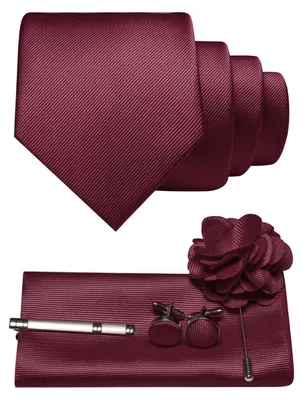 Produktbild von Herren Krawatten-Set Twill einfarbig kastanienbraun mit Pocket Square Manschettenknöpfen Krawattenklemme Brosche Polyester 148x8cm
