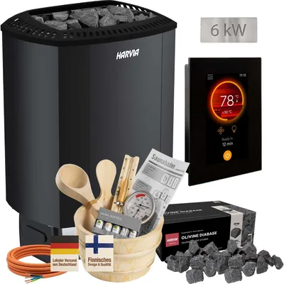 Produktbild von Harvia Sound M60E Black 6 kW Saunaofen Set 18-teilig, Fenix FX110 WiFi Steuerung, Aufgussset, Steine & Kabel - Smartes Luxus-Komplettset