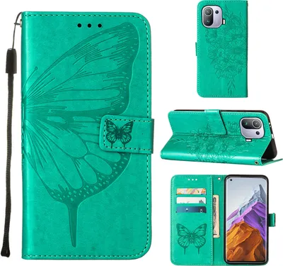 Obrázek produktu pro Xiaomi Mi 11 Pro Pouzdro, Motýlí Reliéf Flip Kožené Pouzdro s Kapsami na Karty a Stojánkem pro Xiaomi Mi 11 Pro zelené