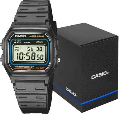 A black Casio digital watch and its black branded box are shown on a white background.