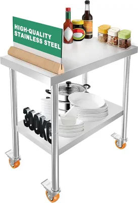 Imagen del producto de Mesa de trabajo de acero inoxidable, 76 x 46 x 85 cm. Mesa de acero inoxidable con 4 ruedas giratorias y patas ajustables. Mesa de acero inoxidable para uso gastronómico, resistente hasta 300 kg, ideal para exteriores, talleres, restaurantes y preparación de alimentos
